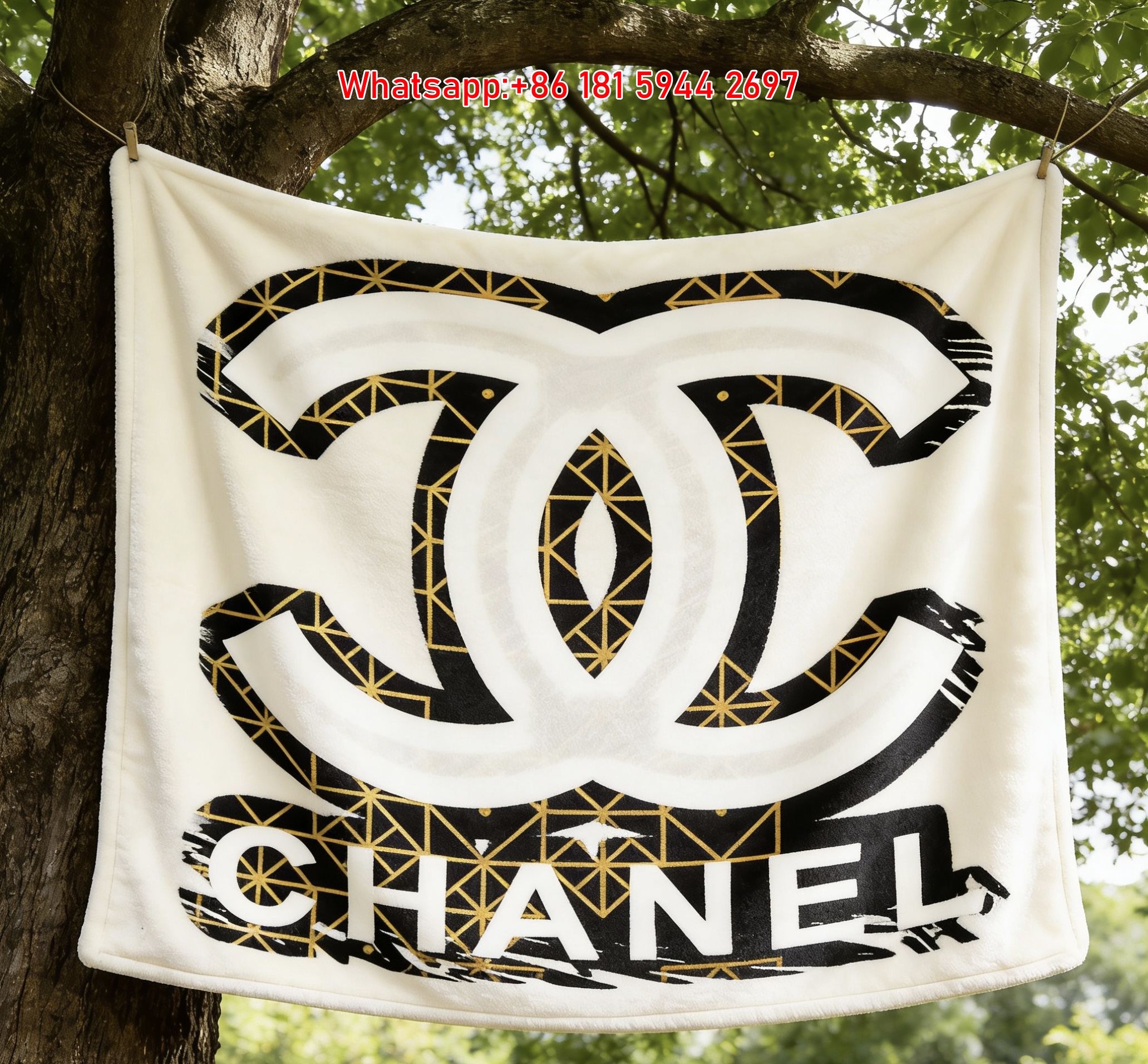 Chanel Black & Gold Geometric CC Logo Flannel Sofa Throw Blanket IMG_7021